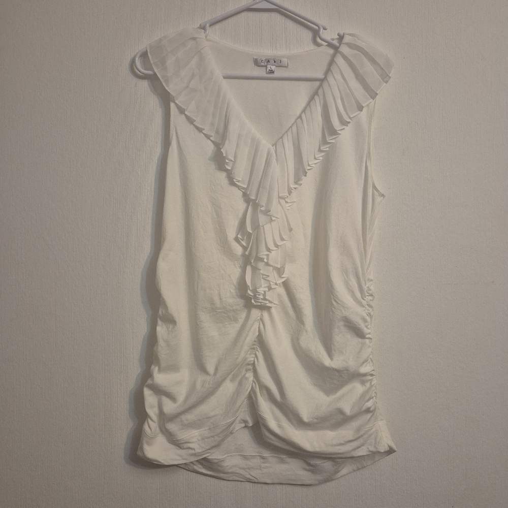 CAbi Womens Ruffled Ruched Tank Top Small White Fairy Romantic Business Casual